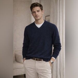 Club Room Men’s Cashmere V-Neck Sweater Heathered Navy Sz M NWT